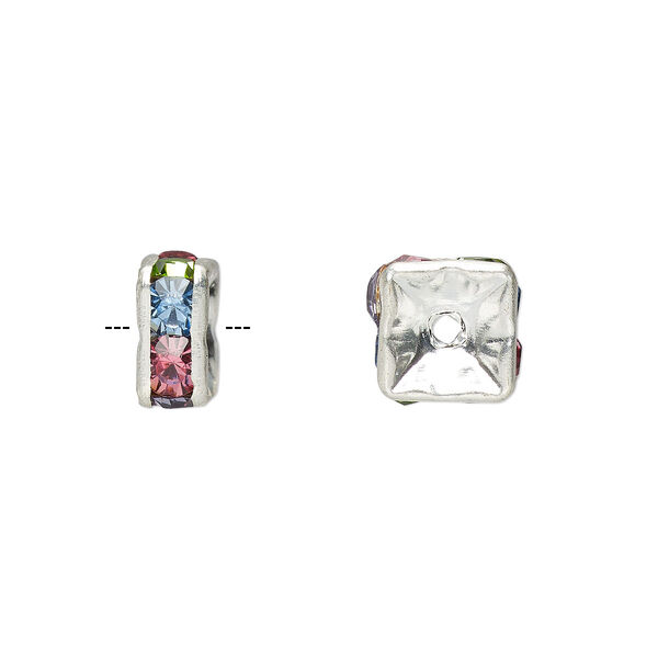 Bead, glass rhinestone and silver-plated brass, multicolored light, 8x4mm squaredelle. Sold per pkg of 10. image number 0