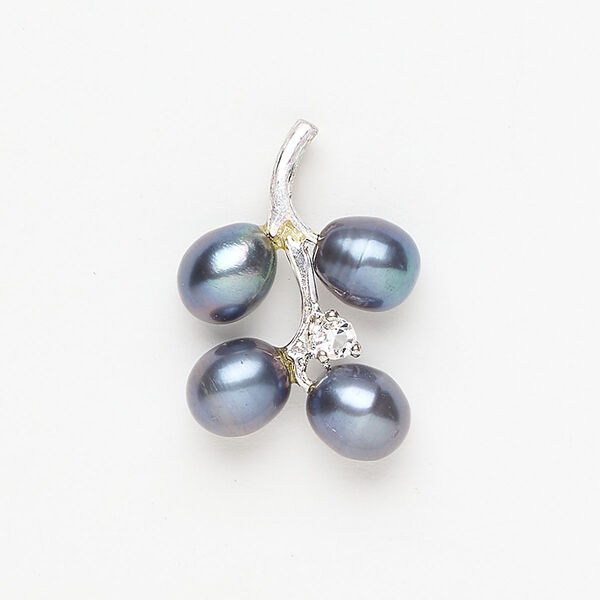 Brass / cultured freshwater pearl / glass rhinestone 1pkg1, branch pendant, silver-finished / purple peacock / clear 24x17mm-26x18mm image number 0
