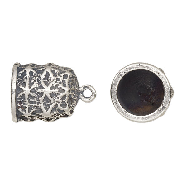Cord end, JBB Findings, glue-in, antique silver-plated pewter (tin-based alloy), 15.5x14mm bell with star design, 10mm inside diameter. Sold individually. image number 0