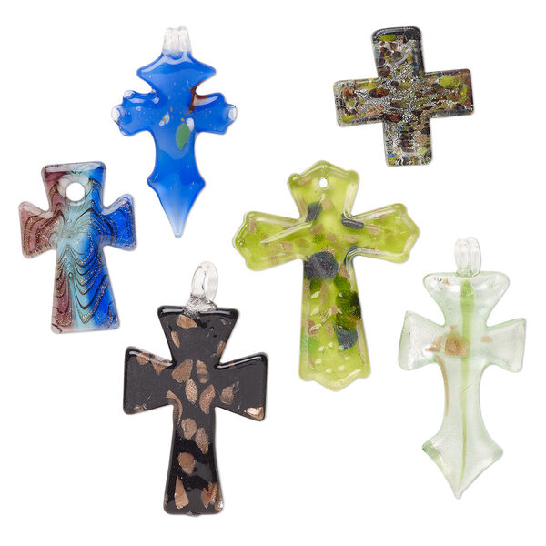 Random focal mix, lampworked glass, opaque mixed colors with silver-colored foil and copper-colored glitter, 35x34mm-70x38mm top-drilled cross. Sold per pkg of 3. image number 0
