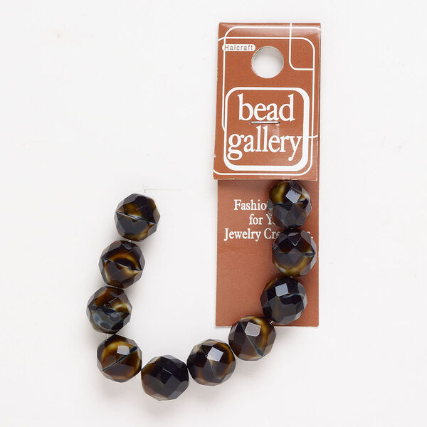 Czech fire-polished glass 1pkg10, faceted round bead opaque brown / tan / white 12mm image number 0