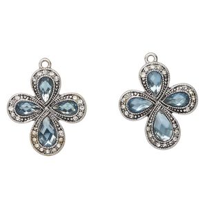 Drop, antique silver-finished "pewter" (zinc-based alloy) and glass, clear and aqua blue, 29x26mm cross. Sold per pkg of 2.