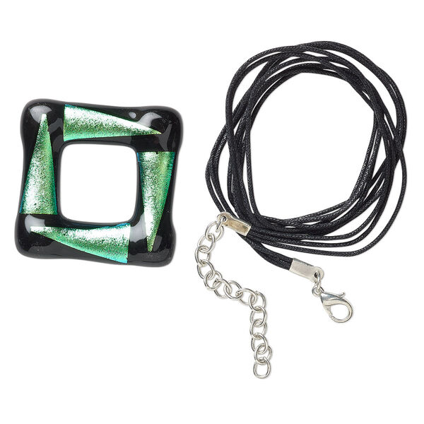 Focal and neck cord, Paula Radke, waxed cotton cord / dichroic glass / silver-finished "pewter" (zinc-based alloy), black and green, 39-41mm open square, 17 inches with 2-inch extender chain and lobster claw clasp. Sold per 2-piece set. image number 0