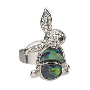 Ring 1pkg1 brass / paua shell / glass rhinestone, 36x22mm bunny, natural silver finish / clear / black