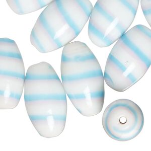 Bead, lampworked glass, opaque sky blue / pink / white, 20x11mm oval. Sold per pkg of 10.