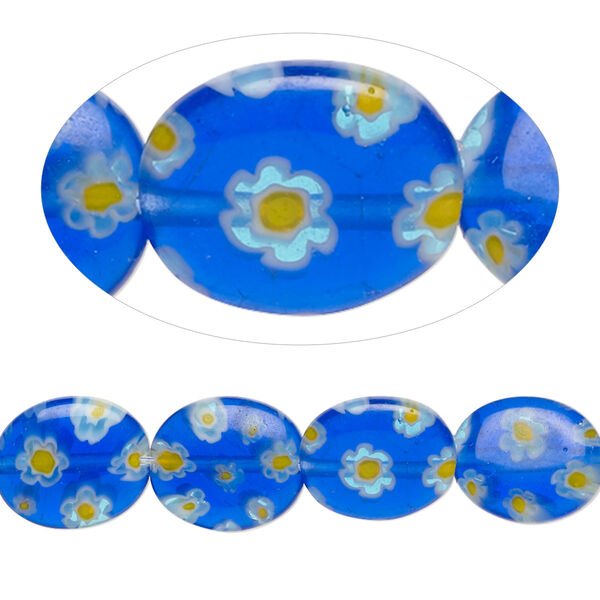 Bead, millefiori glass, translucent cobalt / white / yellow, 12x10mm puffed oval with 0.6-0.8mm hole. Sold per 15-inch strand. image number 0