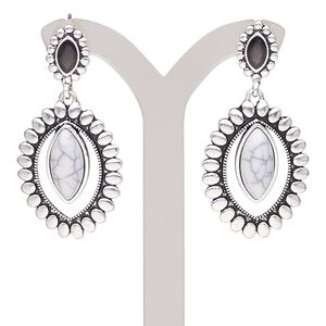 Earring, magnesite (stabilized) / epoxy / antique silver-plated steel / "pewter" (zinc-based alloy), white and black, 43mm with marquise and post. Sold per pair.