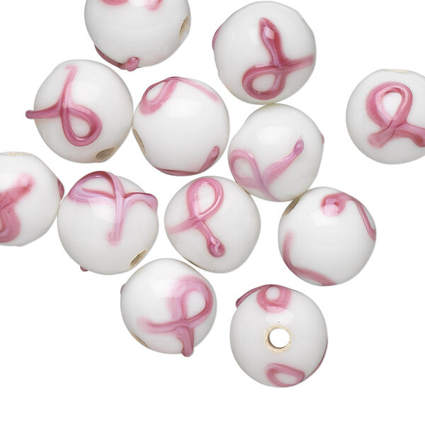 Bead, lampworked glass, opaque white and pink, 10mm double-sided round with awareness ribbon. Sold per pkg of 12. image number 0