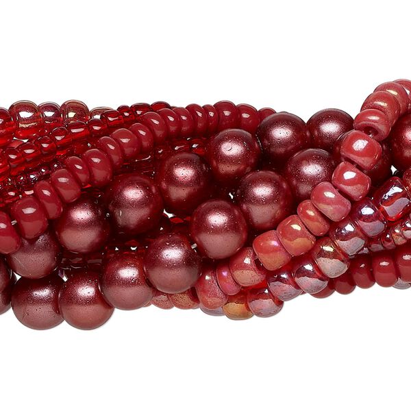 Bead assortment, glass, opaque to transparent light to dark copper red, 3x1mm-6mm round and irregular rondelle. Sold per pkg of (8) 14-inch strands, approximately 1,200 beads. image number 0