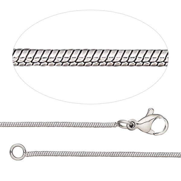 Chain, stainless steel, 1.2mm snake, wearable at 16 and 18 inches with lobster claw clasp. Sold individually. image number 0