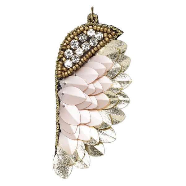 Focal, velveteen / acrylic / steel, clear, pink and gold, 3x1-2/3-inch single-sided wing. Sold individually. image number 0