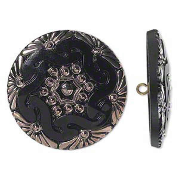 Button, Czech glass and brass, black and silver, 41mm round with floral design. Sold individually. image number 0
