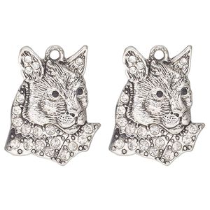 Charm, antique silver-finished "pewter" (zinc-based alloy) and glass, clear and black, 22x20mm single-sided cougar head. Sold per pkg of 2.
