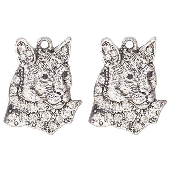 Charm, antique silver-finished "pewter" (zinc-based alloy) and glass, clear and black, 22x20mm single-sided cougar head. Sold per pkg of 2. image number 0