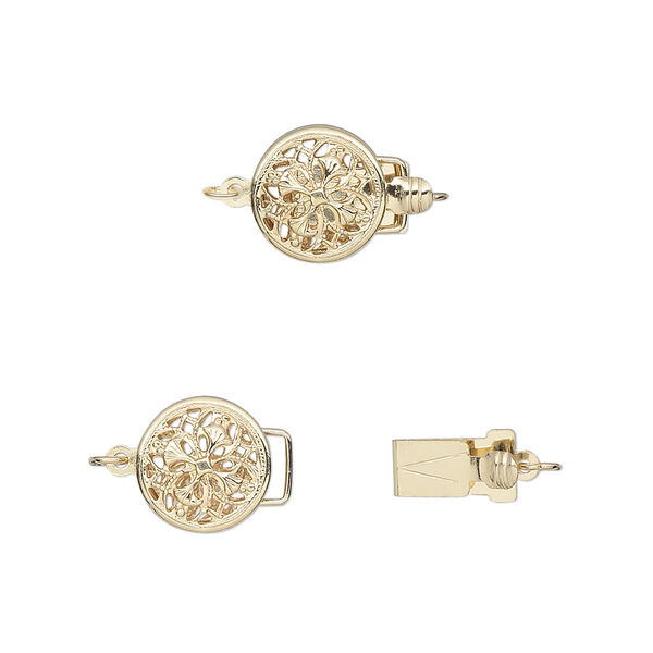 Clasp, tab with safety, 14Kt gold, 9mm round with flower design. Sold individually. image number 0