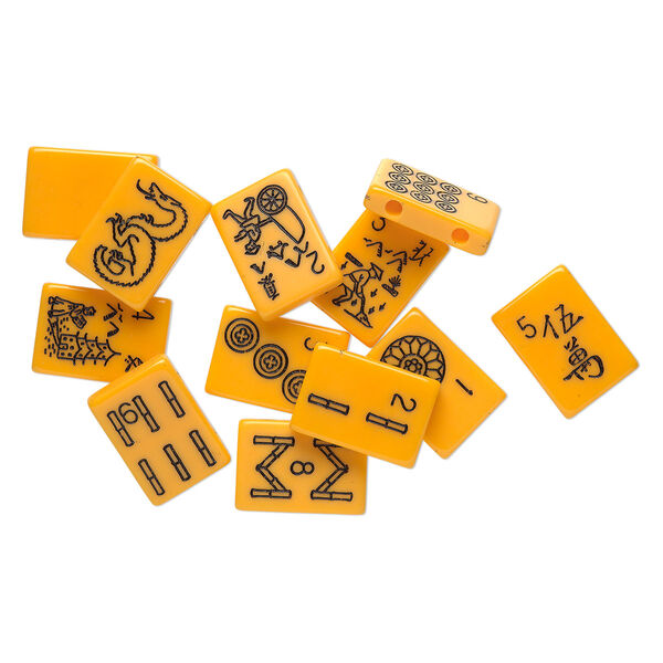 Bead, acrylic, yellow and black, 31x22mm single-sided double-drilled Mahjongg tile. Sold per pkg of 12. image number 0