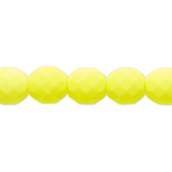 Bead, Preciosa, Czech painted fire-polished glass, matte neon yellow, 10mm faceted round. Sold per 8-inch strand, approximately 20 beads. image number 0