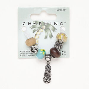 Bead assortment 1pkg7, wood (natural) / antique silver-finished brass and steel, matte mixed colors, 10x8mm-23x11mm assorted shapes.