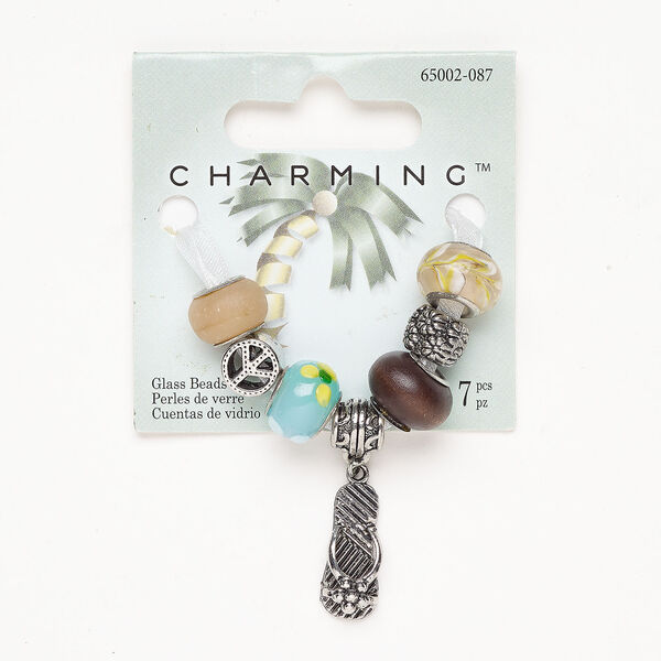 Bead assortment 1pkg7, wood (natural) / antique silver-finished brass and steel, matte mixed colors, 10x8mm-23x11mm assorted shapes. image number 0