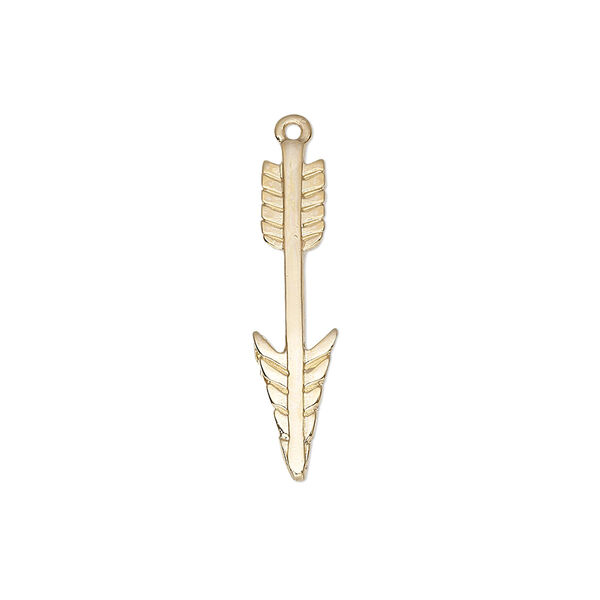 Charm, gold-finished "pewter" (zinc-based alloy), 25x6mm double-sided arrow. Sold individually. image number 0