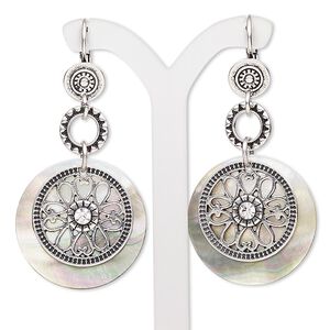 Earring, black lip shell (natural) / glass rhinestone / antique silver-plated "pewter" (zinc-based alloy) / brass / steel, black and clear, 2-1/2 inches with flat round and leverback ear wire. Sold per pair.