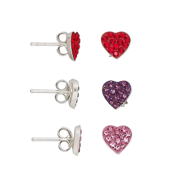Earstud mix, Create Compliments®, sterling silver / crystal rhinestone / epoxy, red / pink / purple, 7mm heart with post. Sold per pkg of 3 pairs. image number 0