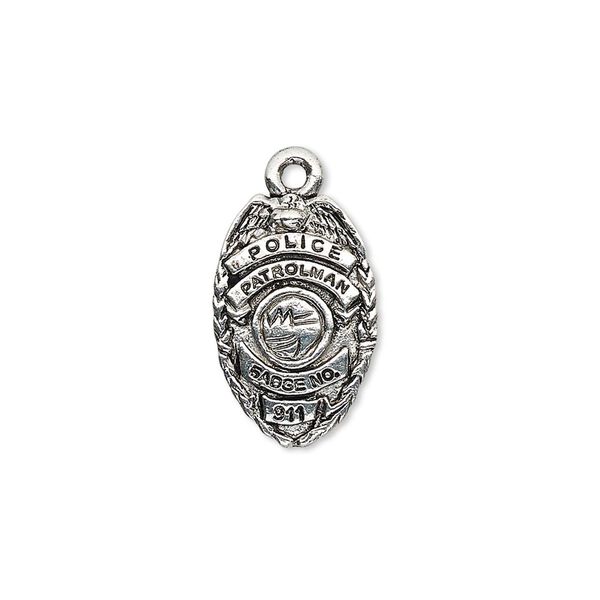 Charm, antique silver-plated pewter (tin-based alloy), 19x12mm single-sided police badge with "POLICE PATROLMAN BADGE NO. 911." Sold per pkg of 2. image number 0