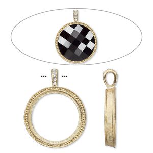 Pendant, Almost Instant Jewelry®, crystals and gold-finished "pewter" (zinc-based alloy), crystal clear, 46x36mm single-sided textured round with 30mm round setting. Sold individually.