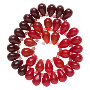 Bead, glass, transparent red, dark red and orange, 16x10mm top-drilled teardrop with irregular rondelles. Sold per 14-inch strand.