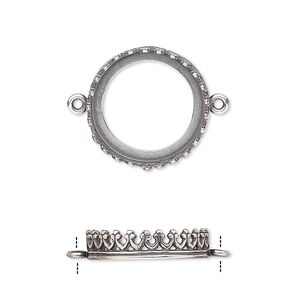 Link, JBB Findings, antique silver-plated brass, 17.5mm round with open back and decorative trim, 16mm round bezel setting. Sold per pkg of 2.