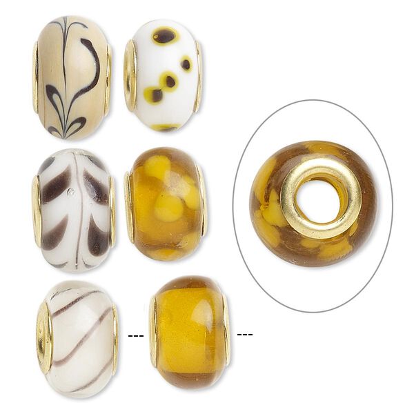 Bead, Dione®, lampworked glass and gold-finished brass grommets, transparent brown and opaque multicolored, 12x8mm-16x9mm rondelle with assorted designs. Sold per pkg of 6. image number 0