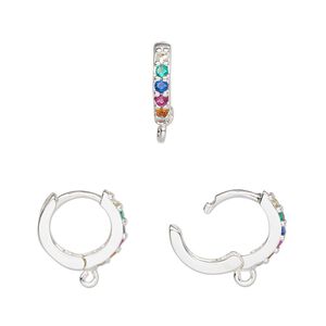 Hoop, silver-finished brass / glass / cubic zirconia, multicolored, 13mm hoop, 17 gauge. Sold per pair.