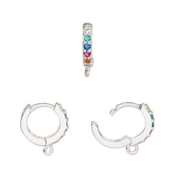 Hoop, silver-finished brass / glass / cubic zirconia, multicolored, 13mm hoop, 17 gauge. Sold per pair. image number 0