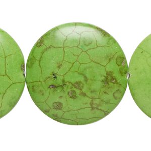 Bead, "turquoise" (resin) (imitation), green, 30mm puffed flat round. Sold per 6-inch strand, approximately 6 beads.