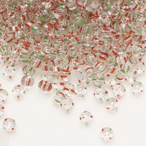 Seed bead, Preciosa Ornela, glass, transparent red / green / clear, #6 rocaille. Sold per 50-gram pkg. image number 0