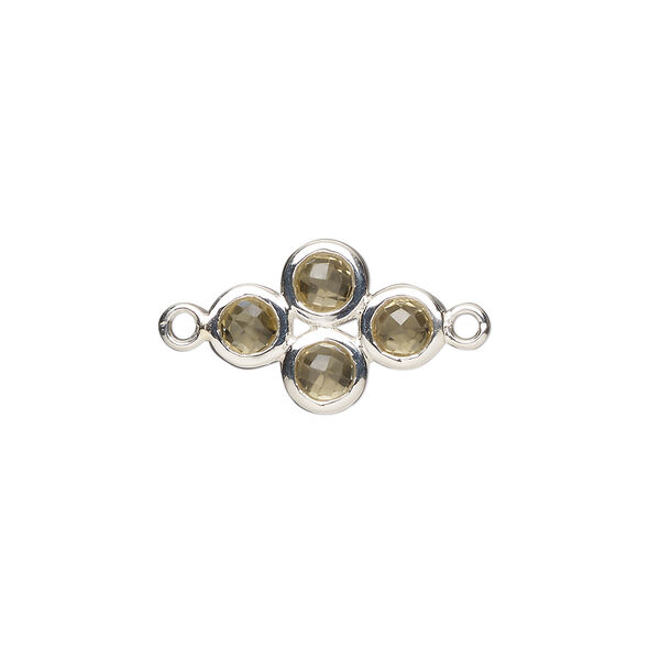 Link, sterling silver and golden quartz (heated), yellow, 16x12mm double-sided diamond with 6mm faceted round, Mohs hardness 7. Sold individually. image number 0