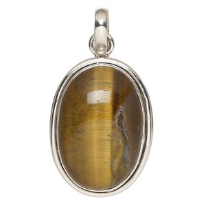 Pendant, tigereye (natural) and sterling silver, 31x2mm oval. Sold individually.