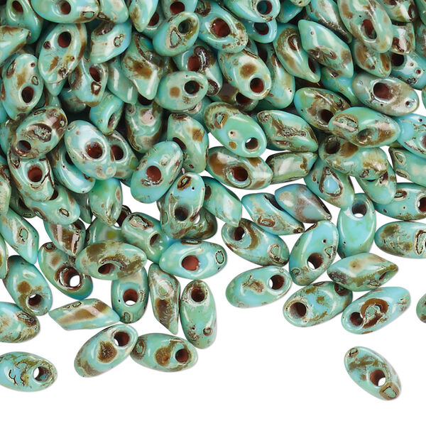Seed bead, Miyuki, glass, pkg/250g, 7x4mm long magatama, opaque Picasso antique turquoise blue, (LMA-4514). image number 0