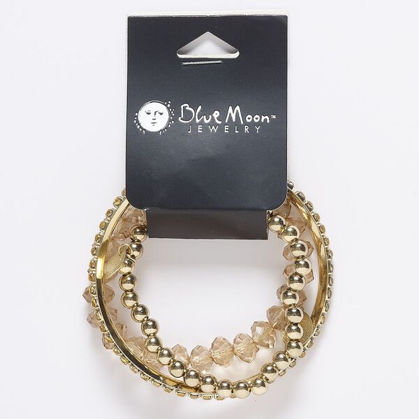 Bracelet mix, bangle and stretch, acrylic and gold-finished steel, topaz, (2) 6mm wide and (1) 10mm wide with stardust, 8-1/2 inches and adjustable from 6-1/2 to 7-1/2 inches. Sold per pkg of 3. image number 0