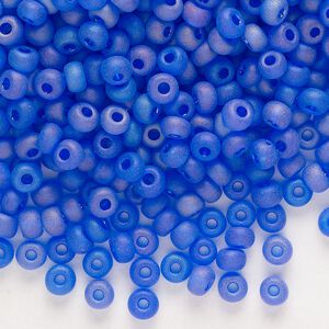 Seed bead, glass, pkg/50g, #6 round, translucent rainbow matte blue.