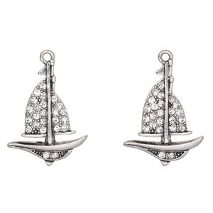 Focal, antique silver-finished "pewter" (zinc-based alloy) and glass, clear, 30x22mm sailboat. Sold per pkg of 2.