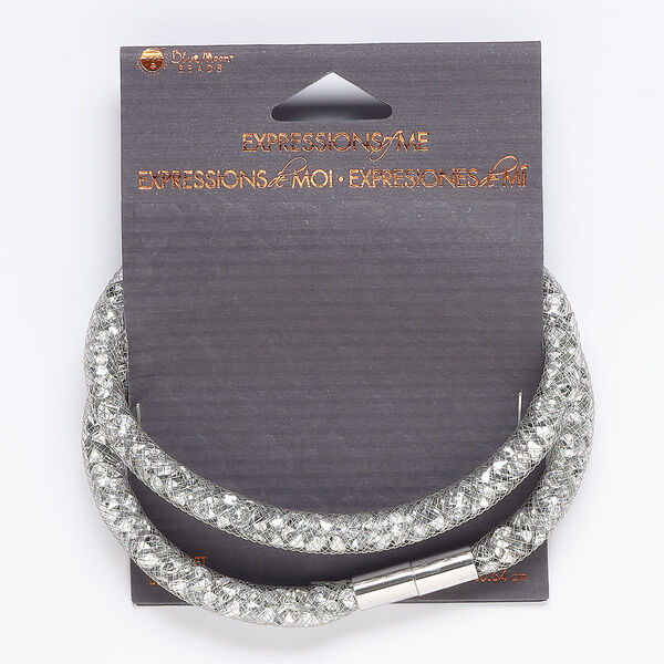 Bracelet, wrap, acrylic and silver-finished "pewter" (zinc-based alloy), clear, 6mm wide with mesh and magnetic clasp, 16 inches. Sold individually. image number 0