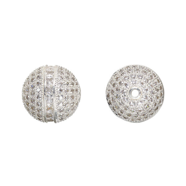 Bead, glass rhinestone and silver-finished brass, clear, 14mm round. Sold individually. image number 0