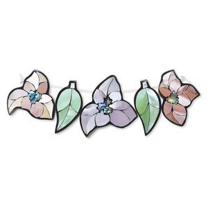 Focal, paua shell / common hammer oyster shell / resin (dyed / assembled), black, 22x22mm / 26x18mm / 26x24mm single-sided flower / 24x12mm leaves. Sold per pkg of 5.