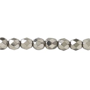 Bead, fire-polished, metallic grey glass, opaque clear, 6mm faceted round. Sold per 15-1/2 to 16-inch strand.
