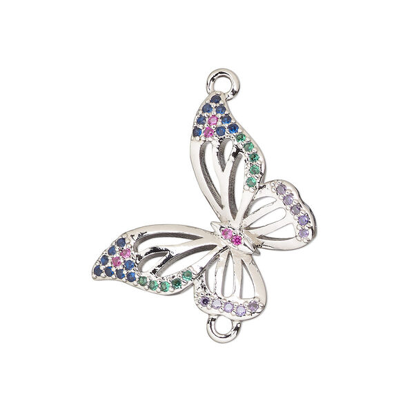 Link, cubic zirconia and silver-finished brass, multicolored, 20.5mm single-sided butterfly. Sold individually. image number 0