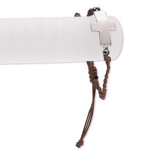 Bracelet, waxed cotton cord / gunmetal-plated brass / antique silver-plated "pewter" (zinc-based alloy), brown, 22mm wide with 29x22mm cross and "FAITH," adjustable from 6-1/2 to 9-1/2 inches with macramé knot closure. Sold individually.