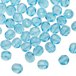 Bead 1pkg1 Czech fire-polished glass, 6mm faceted round, 1 mass transparent light turquoise blue
