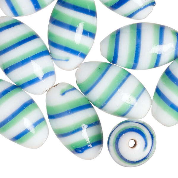 Bead, lampworked glass, opaque blue / green / white, 20x11mm oval. Sold per pkg of 10. image number 0