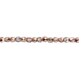 Bead, Czech fire-polished glass, two-tone clear AB and metallic Capri gold, 3mm faceted round. Sold per 15-1/2" to 16" strand.